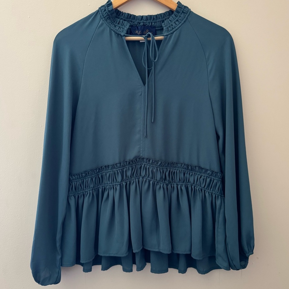 Blue Rain (S) teal blue tie front ruffle peplum babydoll long sleeve blouse